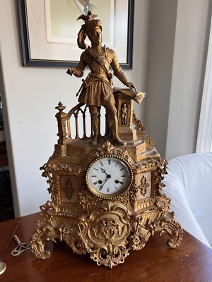 French Empire Ormolu Gilt Bronze Mantel Clock of Military Figure