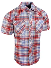 Western Plaid Shirt Short Sleeve Casual Men Pearl Snap Up Flap Pockets UP TO 4XL