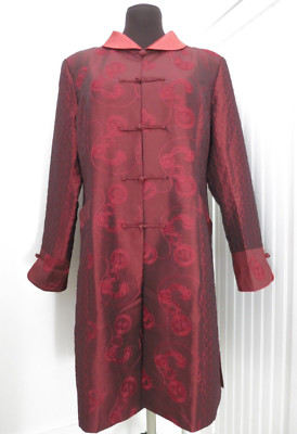 Ke MIng Chinese Floral Embroidery Red Long Jacket Traditional Knot Closure L XL