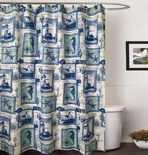 70 in x 72 in Bahamas blue Canvas Fabric Shower Curtain Matching Resin Hooks Set