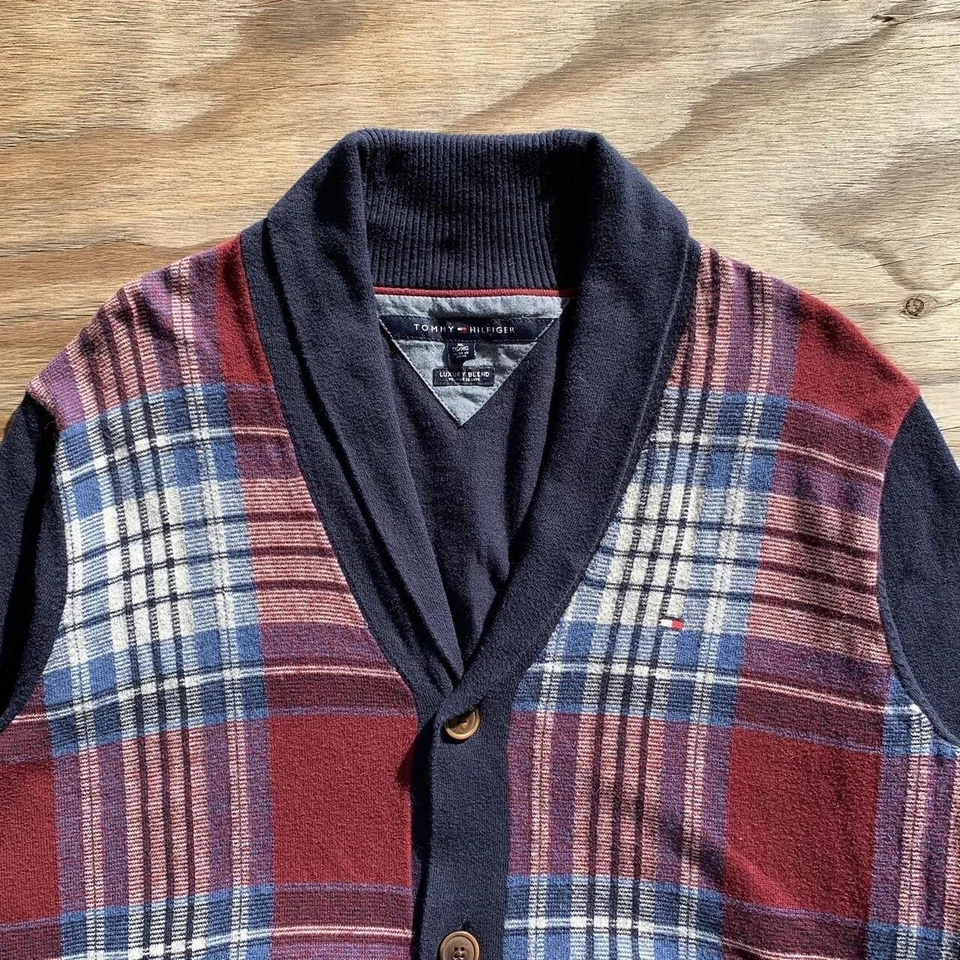 Vintage 2000s Y2K Tommy Hilfiger Wool Cardigan Sweater XL Plaid Pattern Blue Red - Image 3 of 4