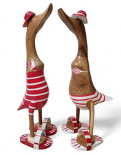 Bambus Holz Bade Enten Paar Skulptur Deko Sommer Statue Laufenten Holzenten NEU