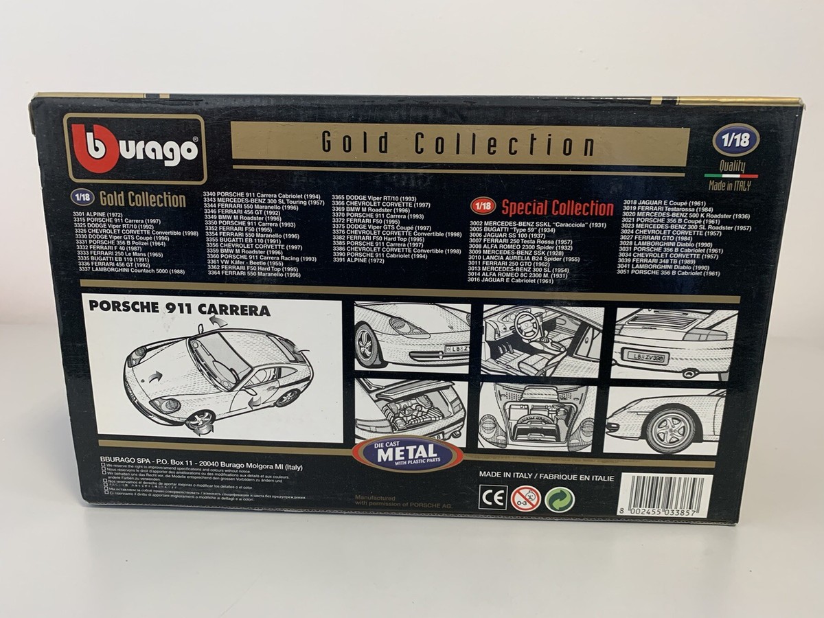 PORSCHE 911 CARRERA 1997 1:18 BBURAGO GOLD COLLECTION NEW! MADE IN