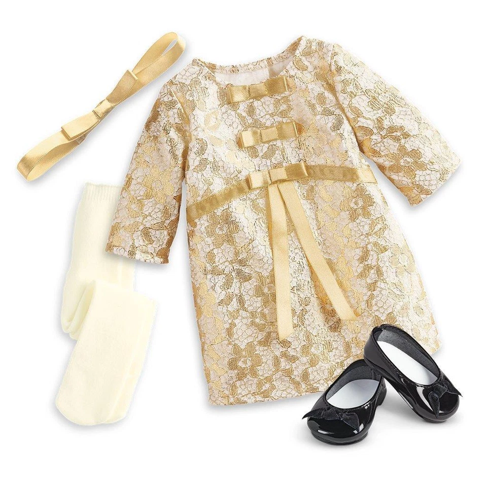Nova Roupa de Natal American Girl Melody~Vestido de Férias Extravagante de Cetim Dourado~Sapatos - Imagem 3 de 4