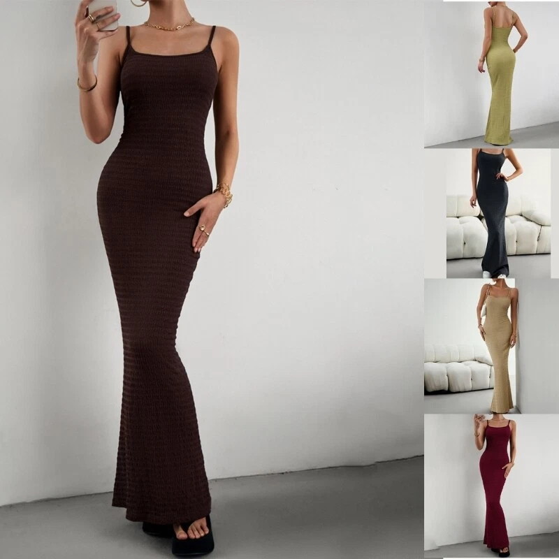 Solid Ribbed Spaghetti Strap Maxi Dress Womens Sleeveless Backless Bodycon  Dress