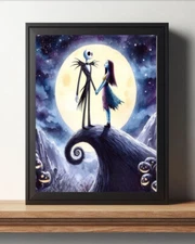Nightmare Before Christmas Jack and Sally Vintage Watercolor painting art print