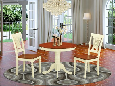 3pc Kitchen dinette 36'' round pedestal table + 2 wood chairs buttermilk & cherry
