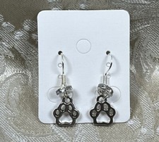 Silver Dog Paw Crystal Dangle Fashion Bohemian Casual Fun Earrings