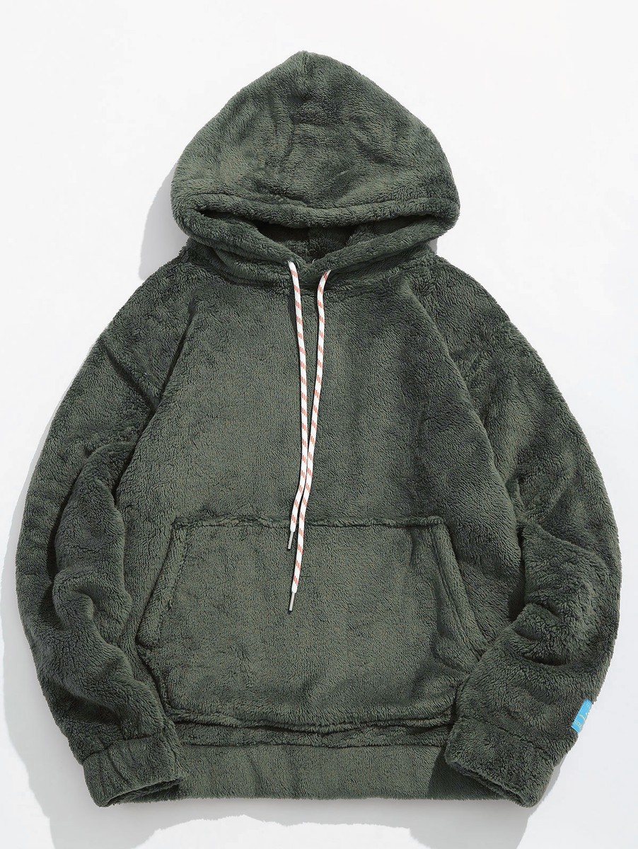 Mens Fashion Hoodie Pouch Pocket Patch Detail Fluffy Pullover Hoodie Jacket  | eBay