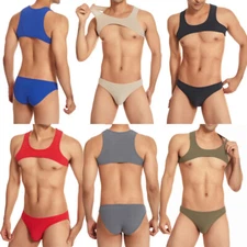 Sexy Mens Underwear Sport Fitness Crop Tops Mini Chest Harness Vests Gay Briefs