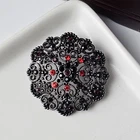 Vintage Open Work Filigree Scroll Red & Black Rhinestone Brooch Costume Jewelry