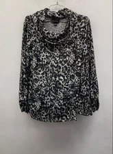 I.N. STUDIO Black Gray Leopard Print Cowl Neck Asymmetrical Top Women's L