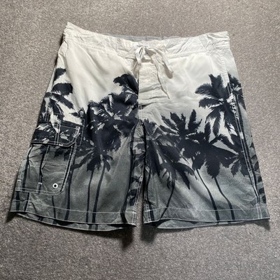 Merona Badeshorts Herren 36 grau schwarz Palme Cargo Badehose Mesh gefüttert