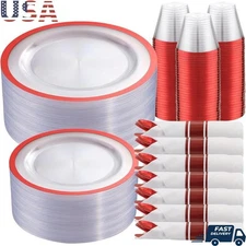 210 Pcs Red Dinnerware Set Plastic Plates Cups Cutlery Napkins Party Supplies US