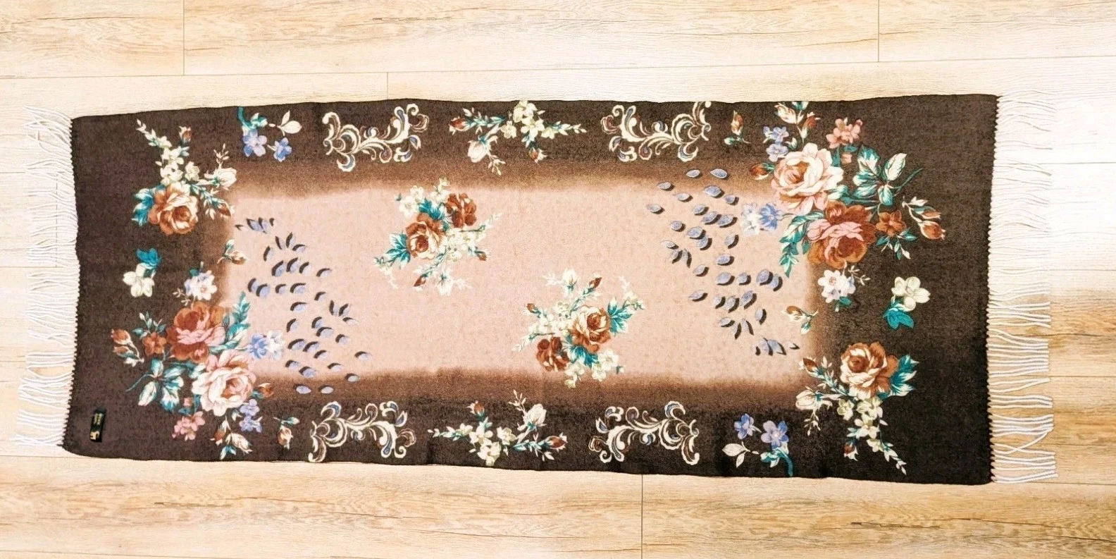 VTG Wrap Reversible Wool Floral/Animal Print Shawl Scarf Brown & Blue 70.5"x24"
