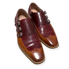 Steven Land Triple Monk Strap Cognac Oxblood Pointed Toe Wingtip Shoes Men's 8.5