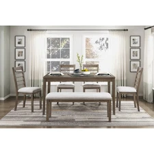 6-Piece Dining Table Set with Bench, Rectangle Table with 4 Chairs & Bench