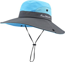 Kids Girls Ponytail Sun Hat Outdoor UV-Protection Foldable Mesh Wide-Brim Beach