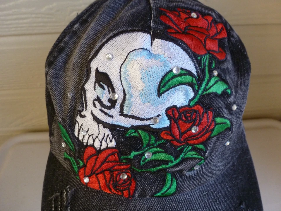 Cheveux Denim Hat Black Embroidered Skull Rose Distressed Strapback Boho - Image 2 of 4