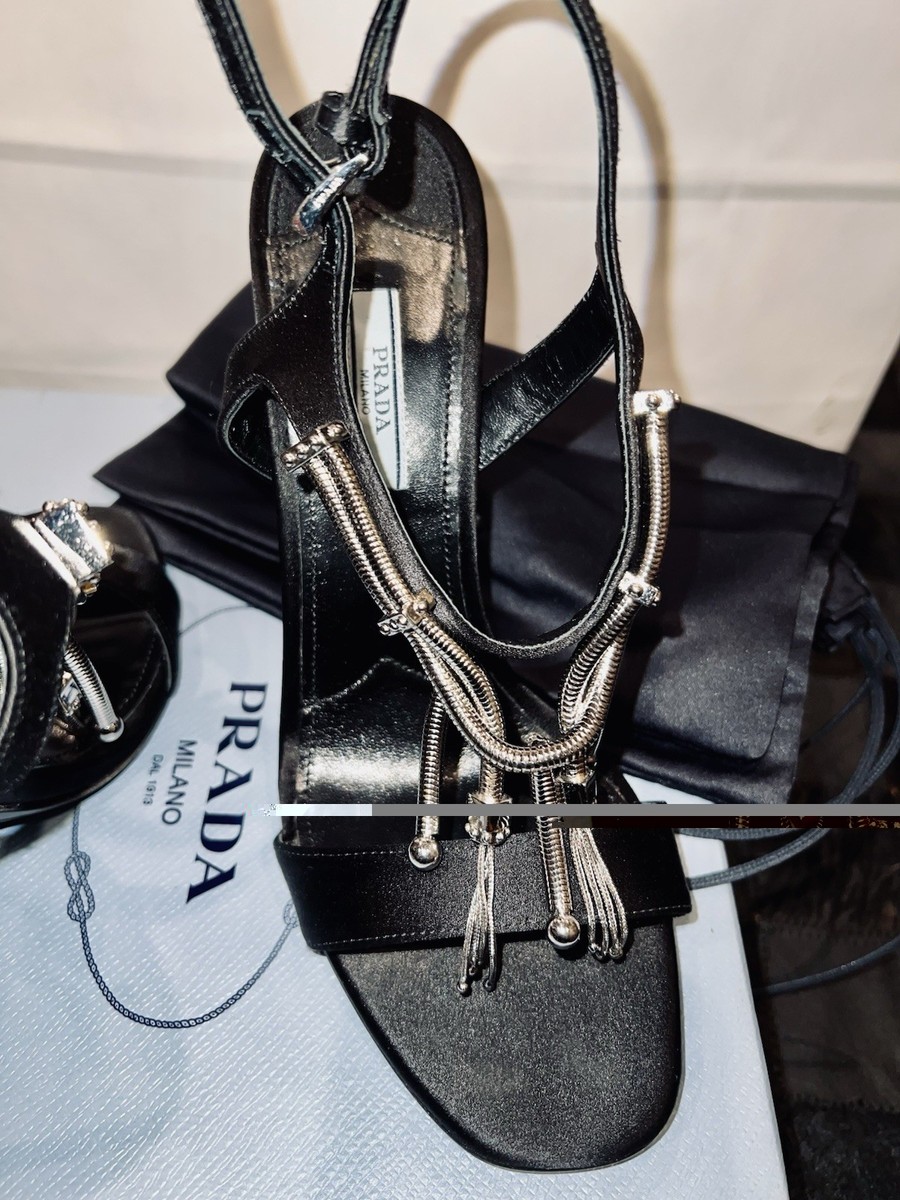 $1290 Prada Satin T-Strap Sandals Crystal silver metal chain-bead