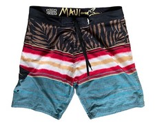 Maui  Sons Board Shorts Black Shark 4 Way Stretch Multicolor Stripe Palm Sz 34