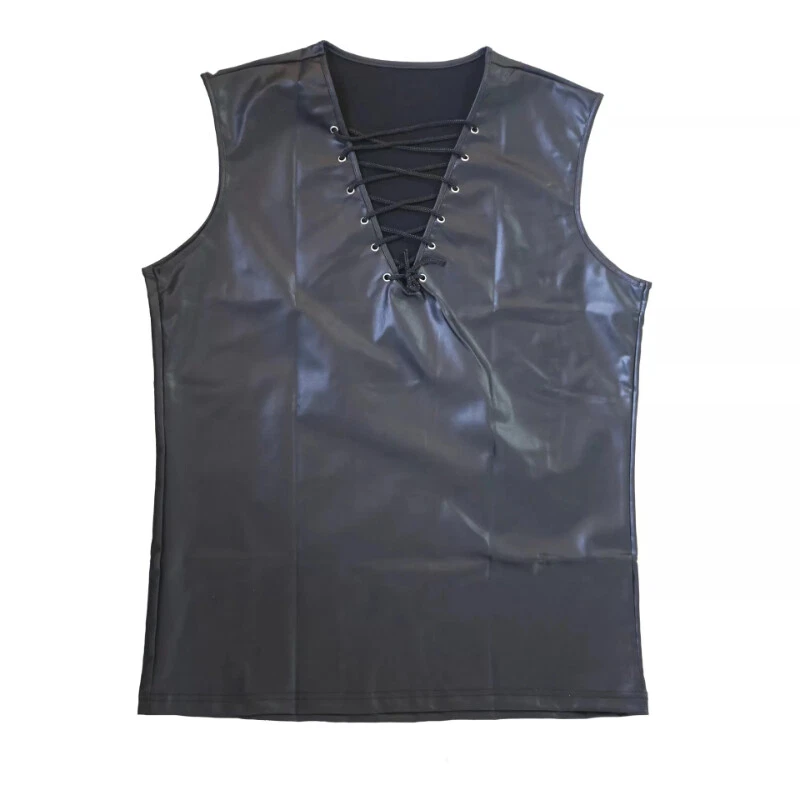 Herren Kunstleder Weste Ärmellos Hemd Tank Top Schnürer Weste S-7XL - Bild 4 von 4