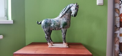 Set 2 Pferd Horse Skulptur Statue Tang-Dynastie Terrakotta Ton Grün H44 TOP