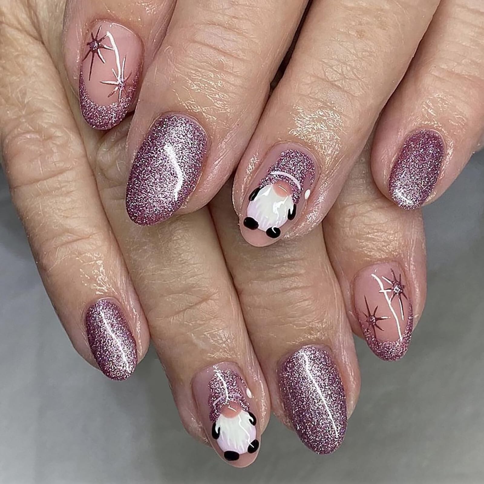 Short Oval Purple Shimmer French Tip Press On Nails MABKJLF-image