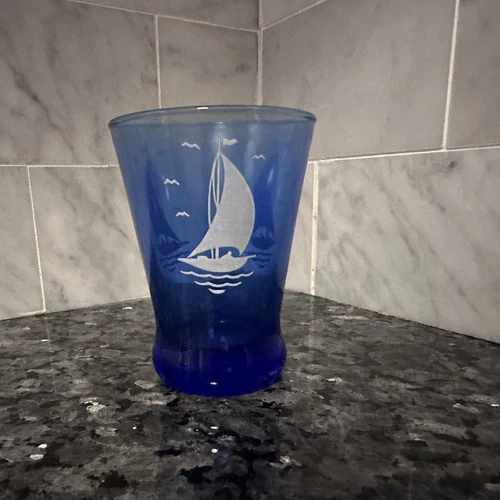 Hazel Atlas Ship Depression Heavy Bottom Whiskey Glass Colbalt Blue