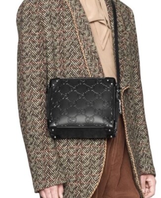 New Authentic Gucci GG Embossed Black Leather Unisex Messenger Bag
