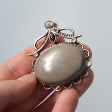 Egyptian Purple-Gray Oval 1.5" Stone Pendant in Silver Tone Setting