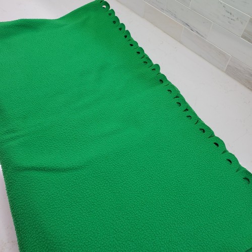 Vintage 90s Fleece Throw Blanket Bright Green Scalloped Perforated 61.5" x 65" - Picture 6 of 24