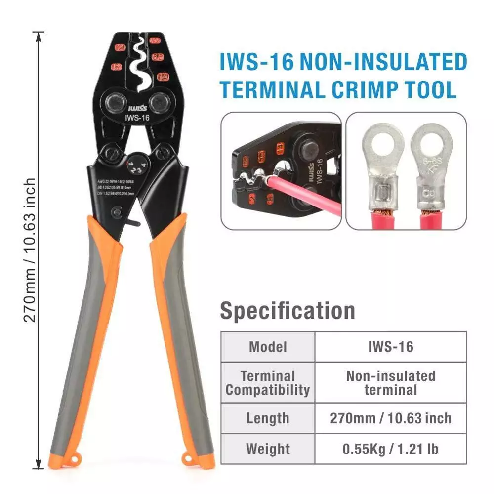 IWISS IWS 16 Ratchet Crimping Tool Non Insulated Terminals AWG 22