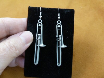 (M-210-e) TROMBONE JEWELRY pewter dangle earrings Bach slide wind instrument
