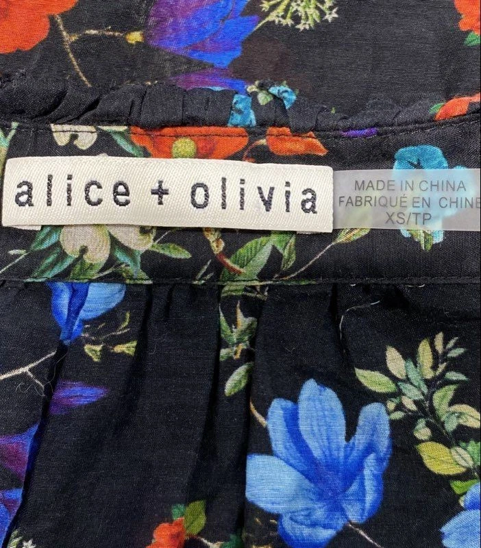 Blusa para mujer Alice + Olivia Willa negra floral mezcla de seda manga abullonada XS Foto 3 de 4