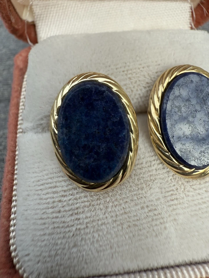 Vintage 14K Yellow Gold 1.5Cm by 1CmOval Lapis Lazuli Swirl Border Stud Earrings - Image 2 of 4