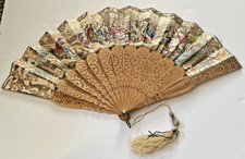 ORNATE ANTIQUE VICTORIAN HAND PAINTED FAN W/ CARVED WOOD HANDLE ORG. BOX