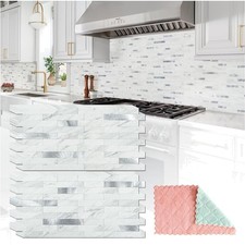 20 Sheets Peel and Stick Backsplash for Kitchen, White Marble with Metal Silv...