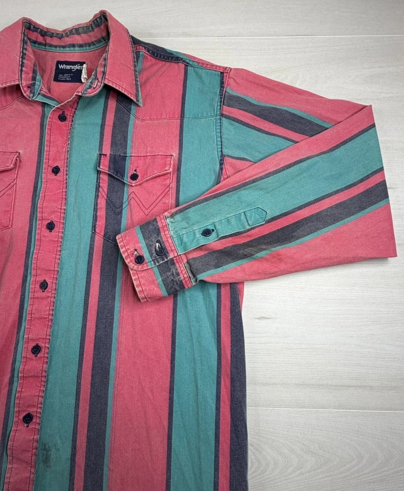 Vtg Wrangler REAL Brushpopper Shirt Pink Turquoise Striped Cowboy USA Made 2XLT - Image 4 of 4