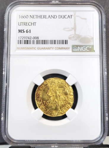 1660 NETHERLANDS GOLD 1 DUCAT UTRECHT KNIGHT NGC MS 61 EXTREMELY RARE TOP POP 1