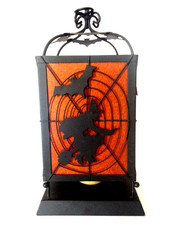 Halloween Flying Witch Silhouette Hanging Pillar Candle Holder Lantern 10"