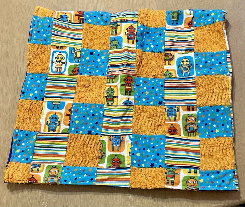 Handmade Custom Orange Blue Chanelle & Flannel Crib Quilt Featuring Robots - Image 2 of 4