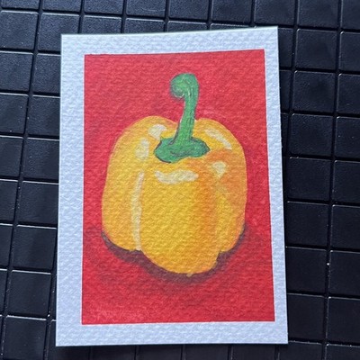ACEO Original Painting Yellow Bell Pepper Mini Art OOAK Watercolor ATC Veggie