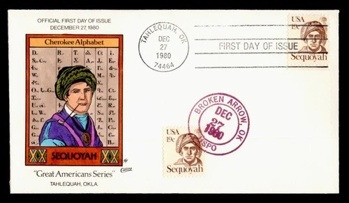 DR WHO 1980 FDC INDIAN SEQUOYAH COLLINS HANDPAINTED CACHET DUAL CANCEL M75649