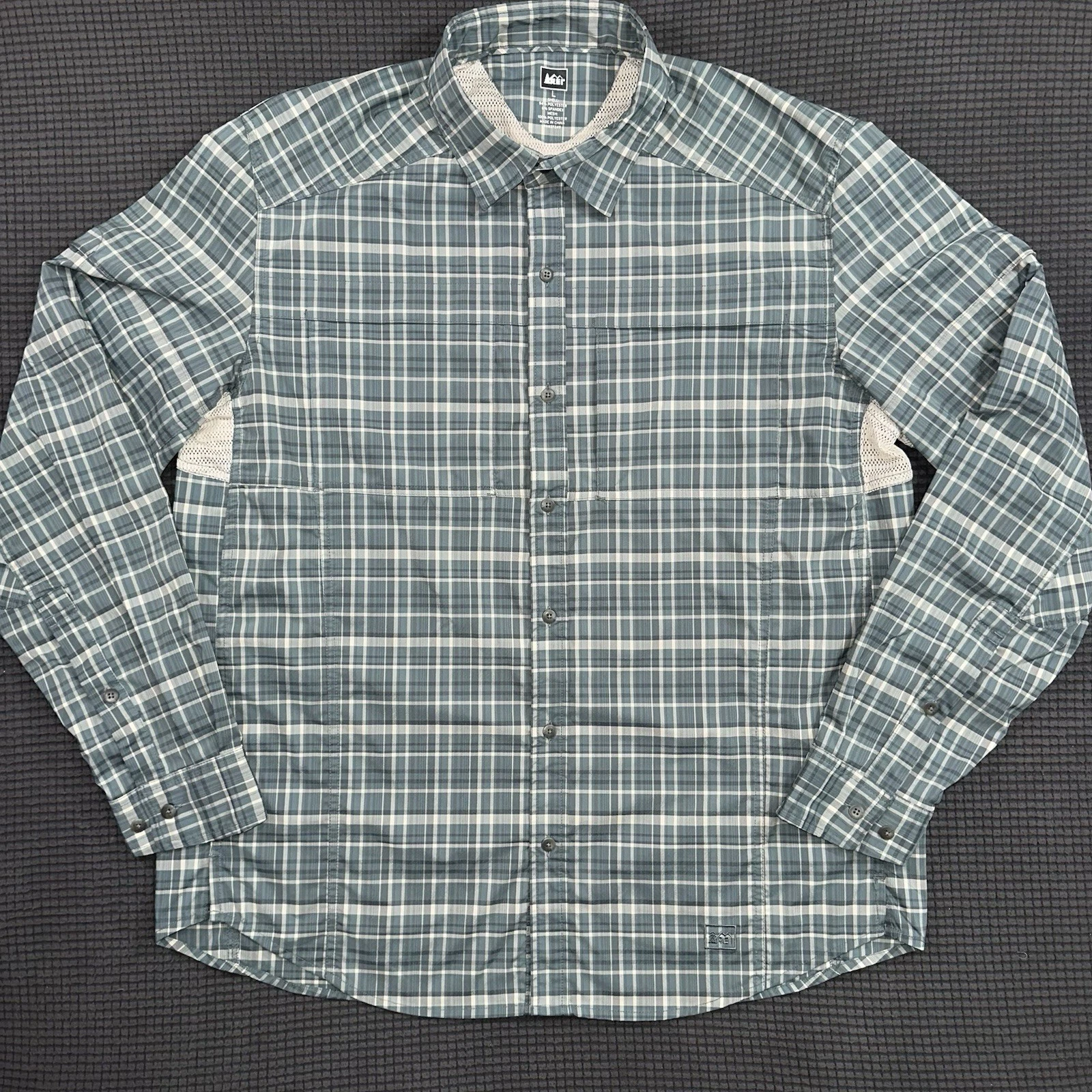 REI Plaid Button Front Shirt Mens Large Blue Green Outdoor Hiking