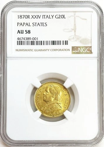 1870 R GOLD ITALY PAPAL STATES 20 LIRE POPE PIUS IX COIN ROME MINT NGC AU 58