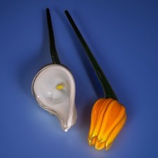 Hand Blown Art Glass Flower White Calla Lily  Orange Tulip Set Of 2