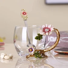 Sunflower Crystal Glass Tea Cup with Spoon Set Lead-Free Gift for Mom Grandma