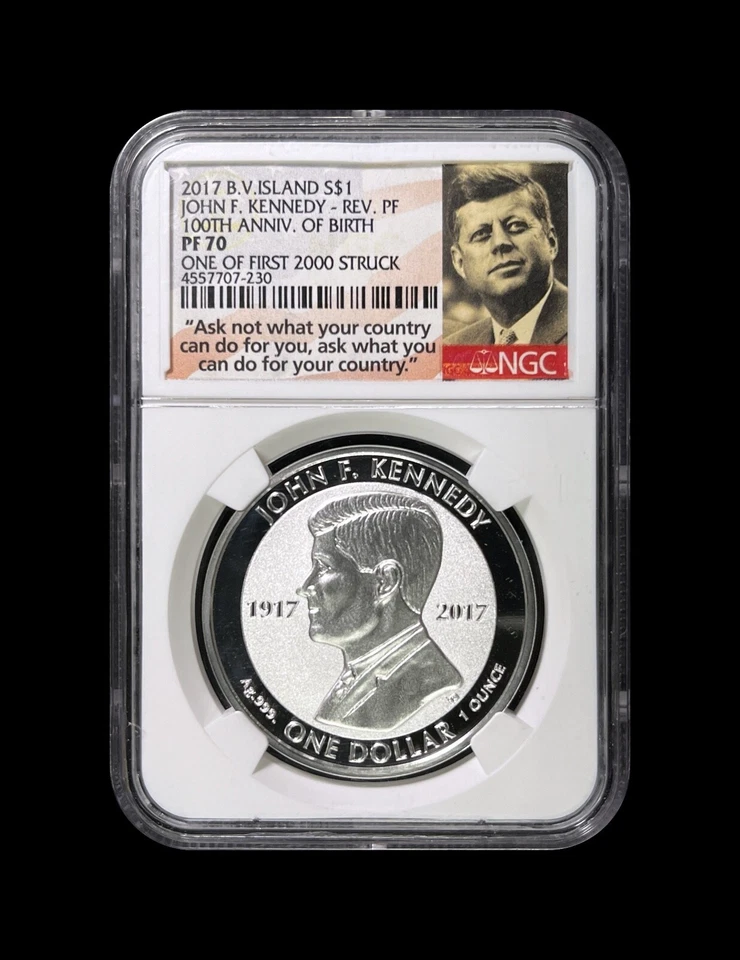 BRITISH VIRGIN ISLANDS. 2017, 1 Dollar, Silver - NGC PF70 - Top Pop 🥇 JFK RP - Image 2 of 4