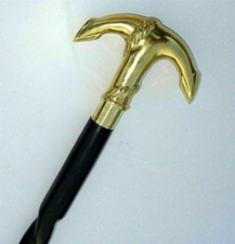 Nautical Ship Brass Anchor Handle Hand Carved Spiral Wooden Cane Walking Stick